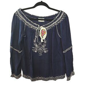 Embroidered boho‎ top by Magazine Tassel tie front 100% Cotton Size M New
